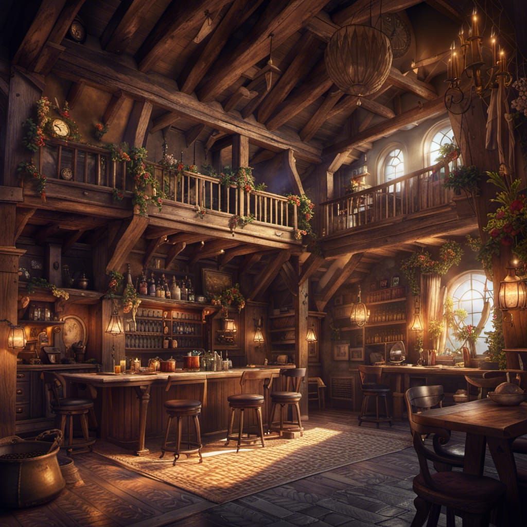 Fantasy Tavern in Village, Detailed Matte Painting