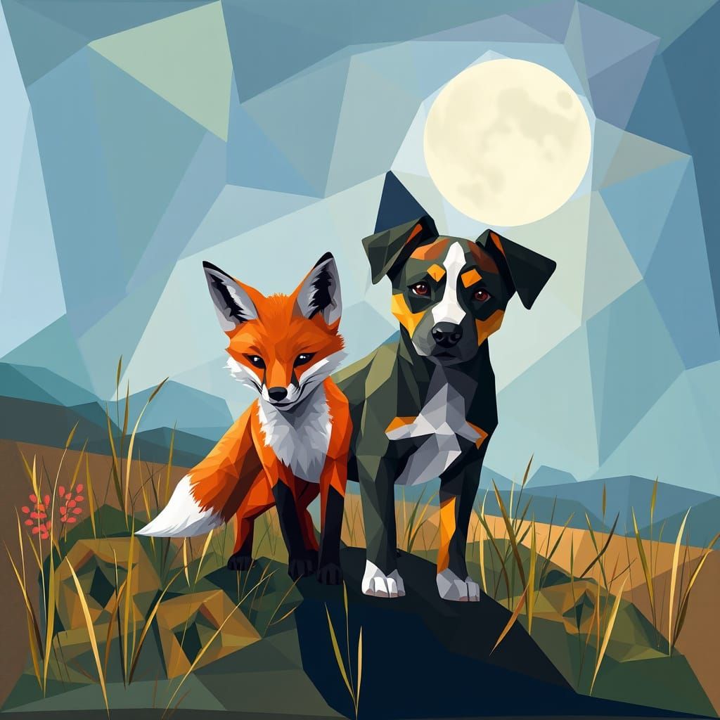 Baby Fox and Hound Puppy in Geometric Cubist Farm Scene