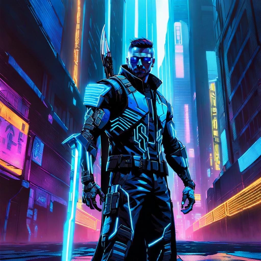 Cyberpunk Headhunter in Neon Cityscape