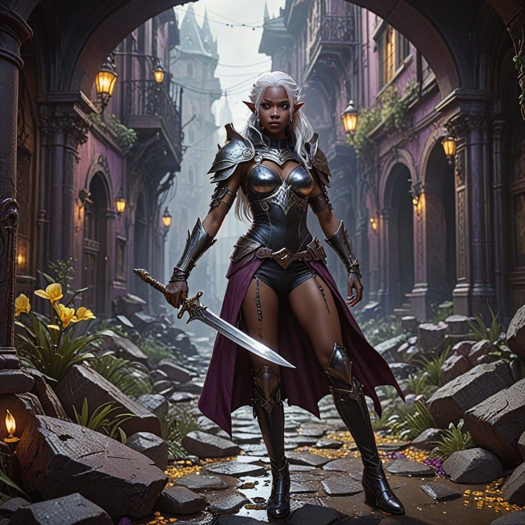 Drow Elf Lost in Forgotten City: Dark Fantasy Art