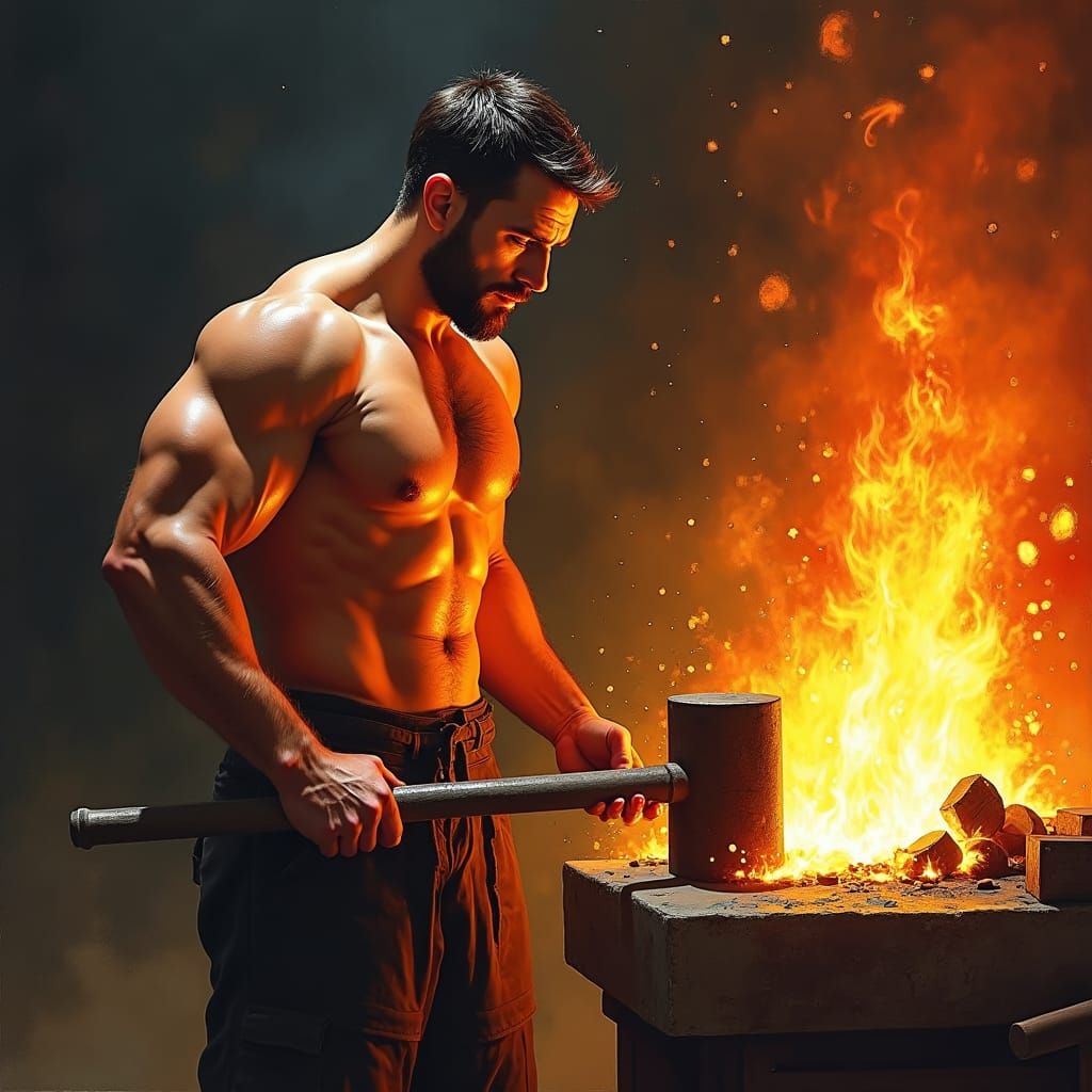 Blacksmith at the Forge: Impressionist Painting in Fiery Lig...