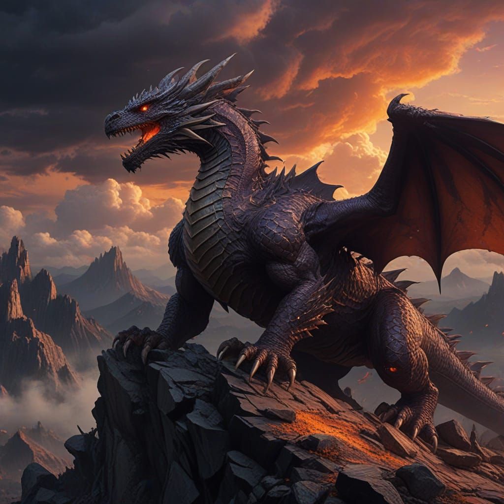 Ancient Obsidian Dragon on Stormy Peak