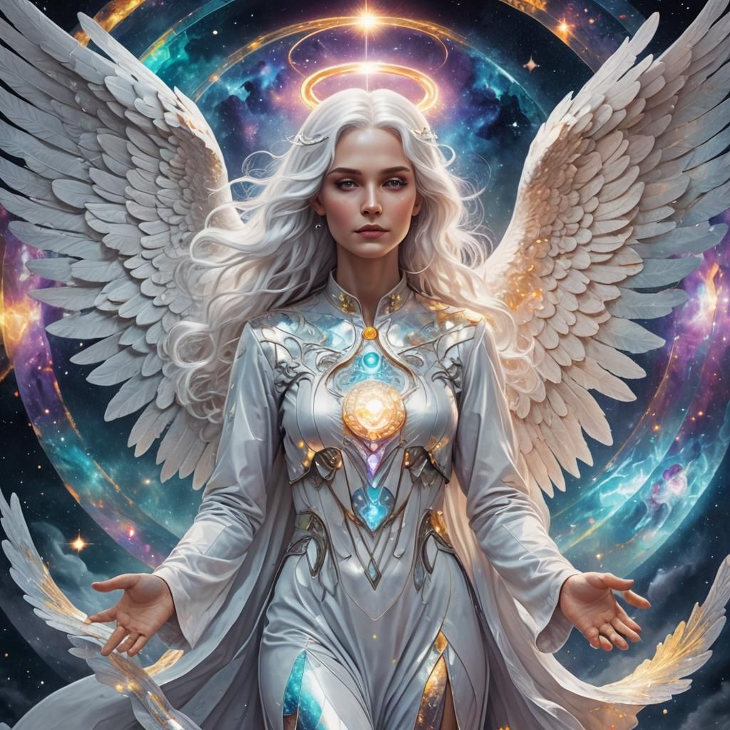 Female Angel with White Hair in Holographic Illustration