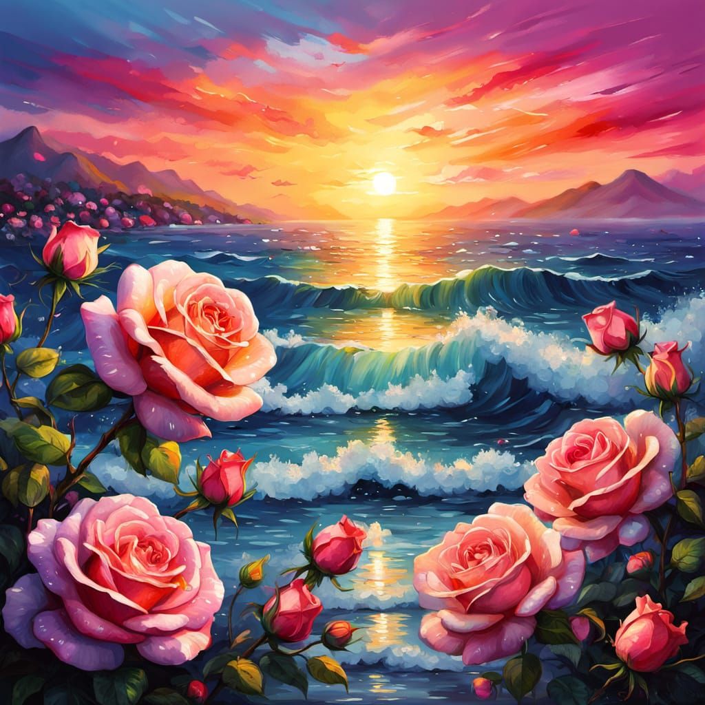 Colorful Chiaroscuro Sunset with Blossoms and Sea