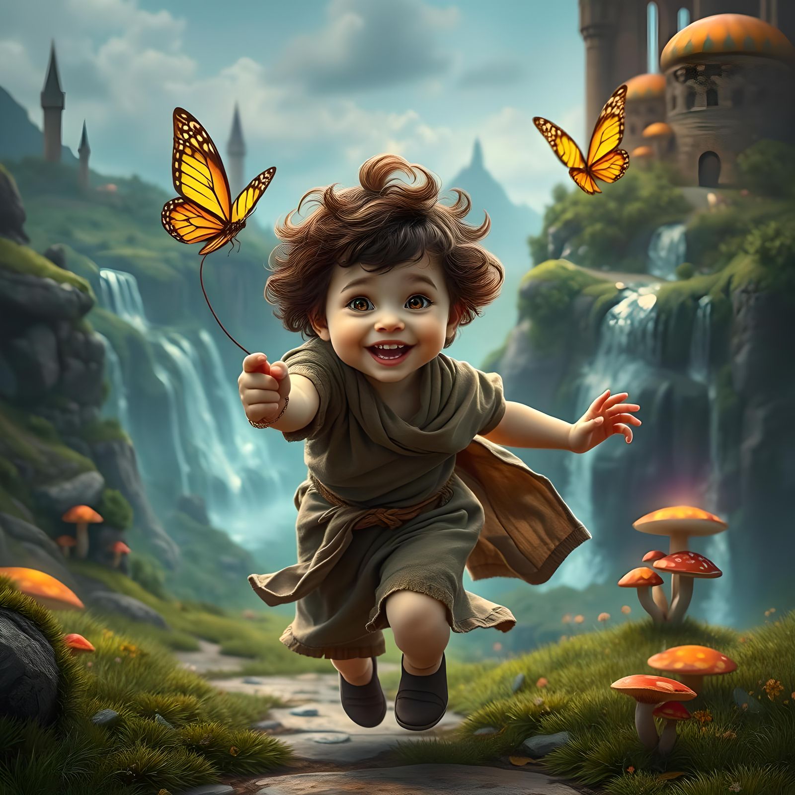 Joyful Child Running: Detailed Fantasy Concept Art