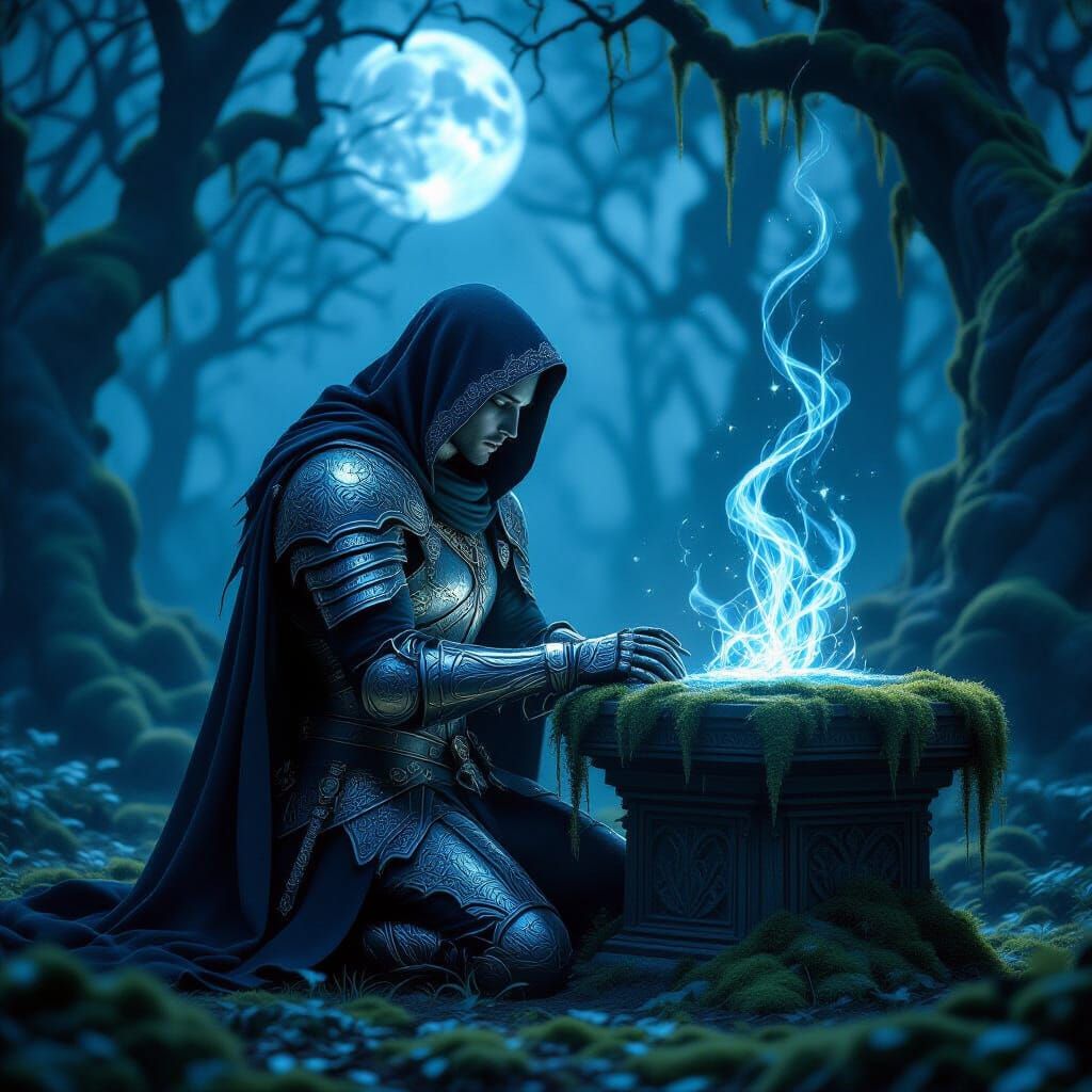 Spectral Knight at Moonlit Altar in Dark Fantasy Style