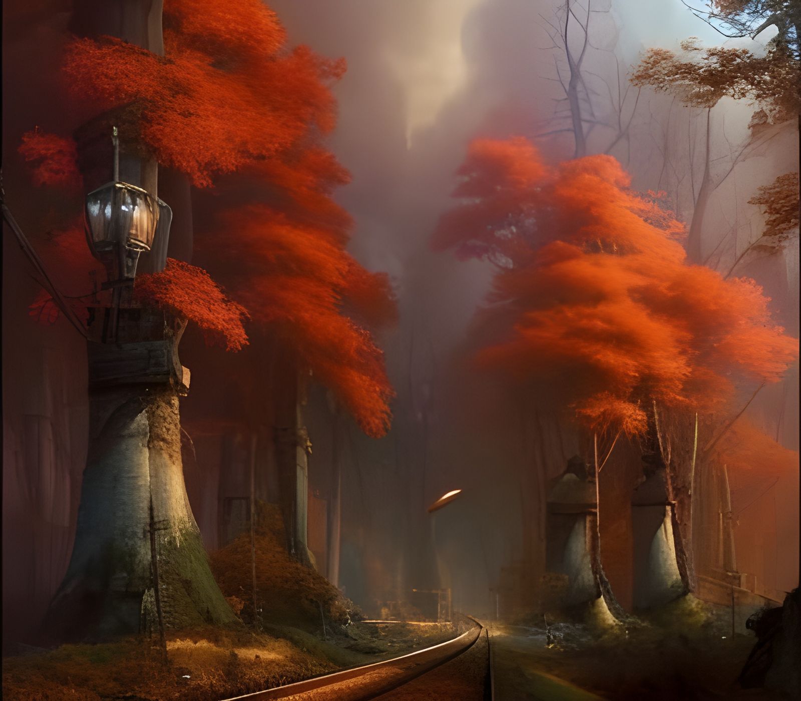 Autumn Forest Railway in Dark Fantasy Style