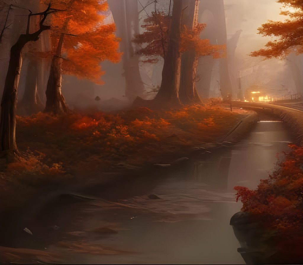 Autumn Forest Railway in Dark Fantasy Style