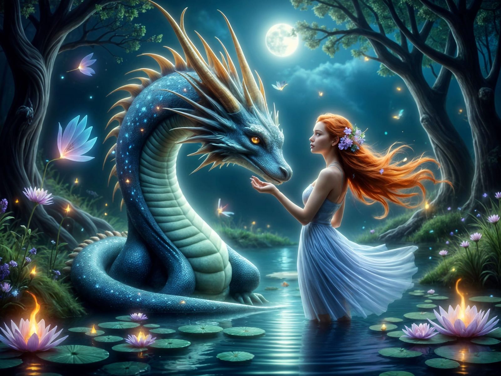 Woman Touches Dragon in Mystical Glowing Swamp