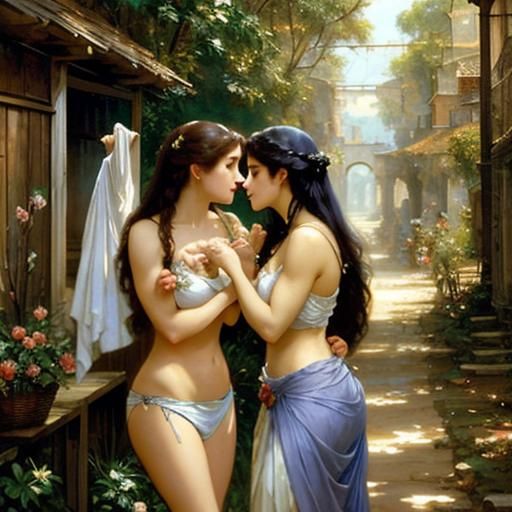 Two Women Kissing While Doing Laundry