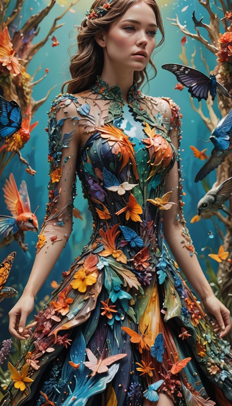 Resin Dress with Creatures: Hyperrealistic Splash Art