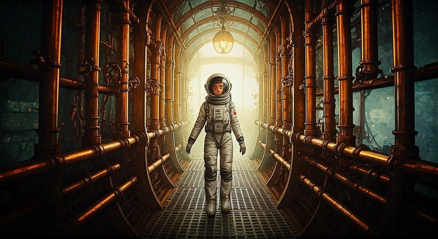 Steampunk Astronaut in Airship: Industrial Revolution Art