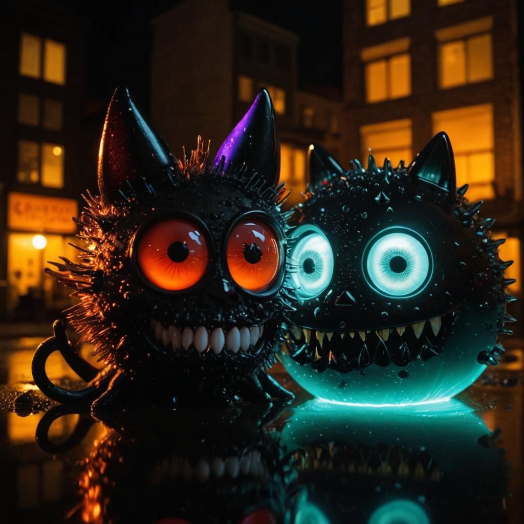 portrait ADORABLE vs. CURSED, 
DEVIL’s TOYS, KNOLLING, 
Split, 
City, 
Water, 
Glowing, 
Shadows, 
FerroFluid, 
Teresita...