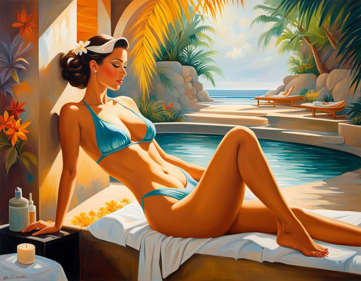A beautiful Woman in bathing suit enjoying an relaxing morning at the spa, Ben Bocquelet detailed painting matte paintin...