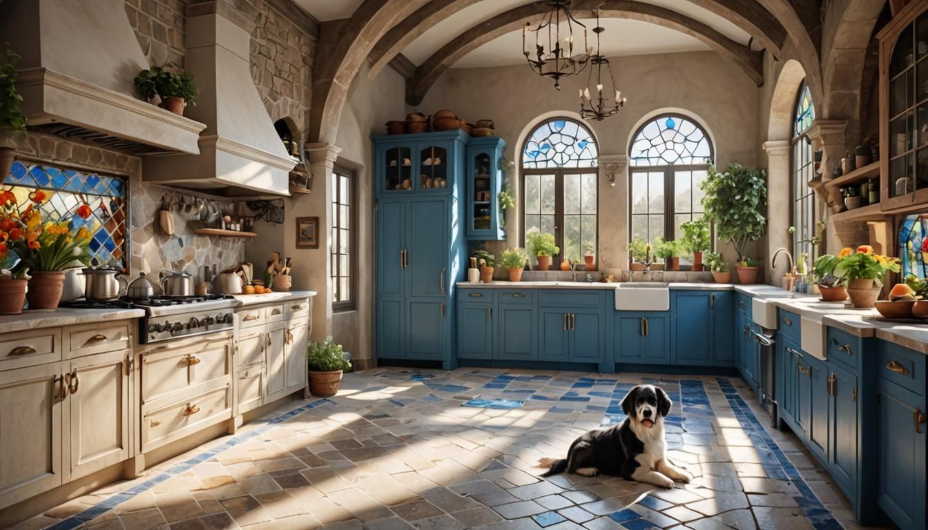 Photo Realistic Italian Kitchen with Puppy