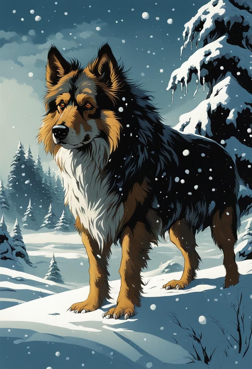 Detailed Doglike Creature in Winter, Wrightson Style