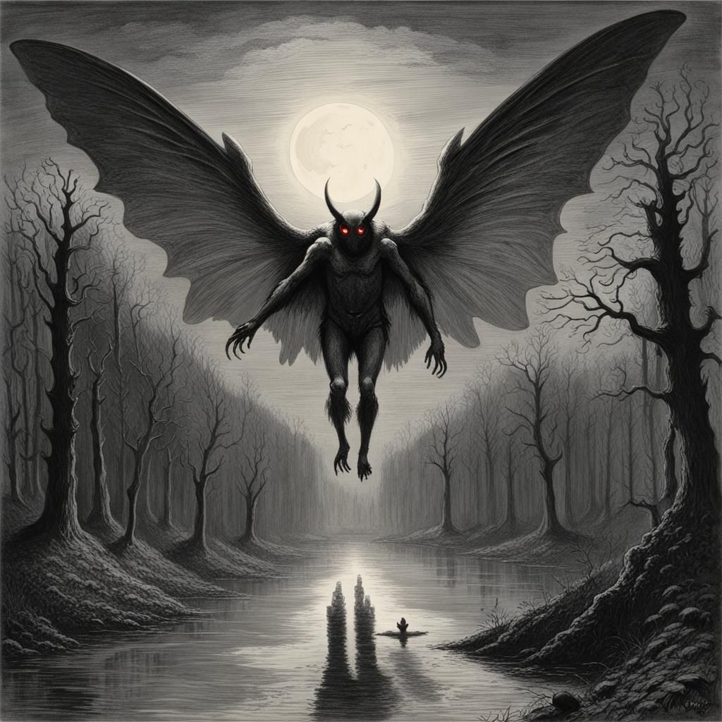 Menacing Mothman in Gothic Horror Style
