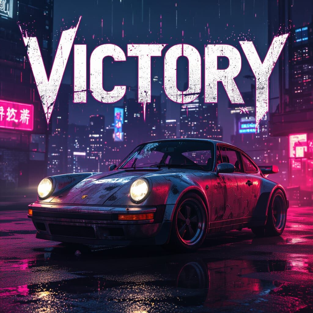 Gritty Phonk Album Cover: Metallic Porsche in Neon Cityscape