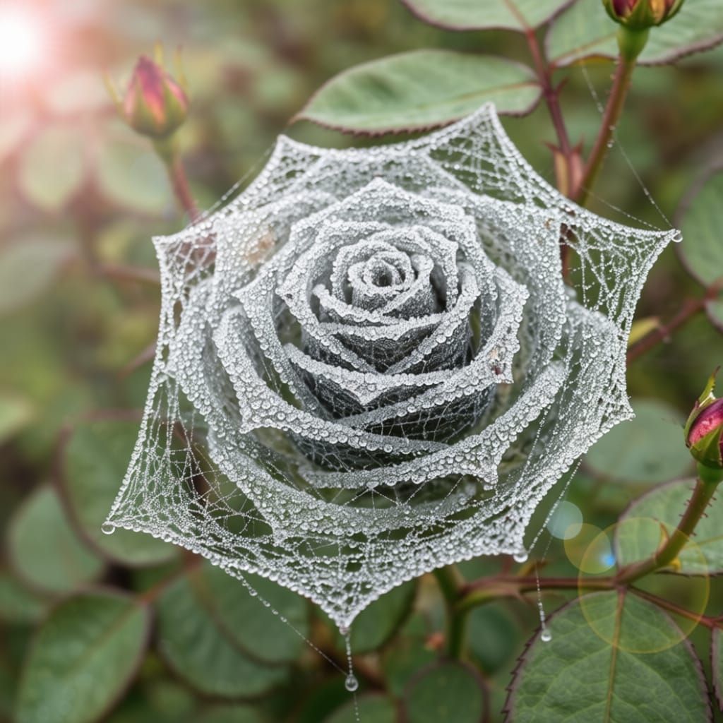 Delicate Rose Crafted from Spiderwebs in Bush