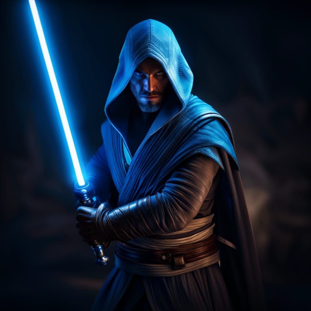 Jedi Warrior with Blue Lightsaber in Assassin's Creed Style