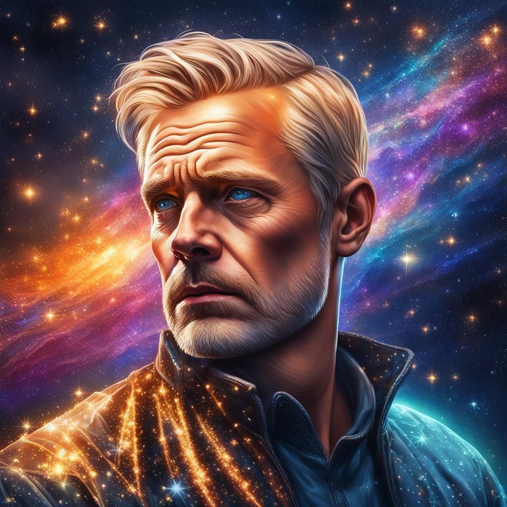 Man Contemplates Starry Sky in Hyperrealistic Style