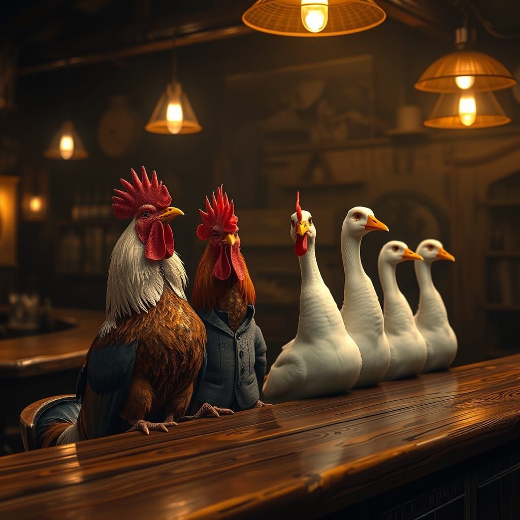 Anthropomorphic Birds Relax in a Vintage Bar