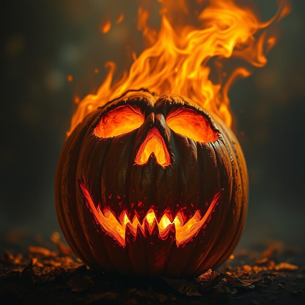 Flaming Pumpkin Head in Dark Surrealist Style