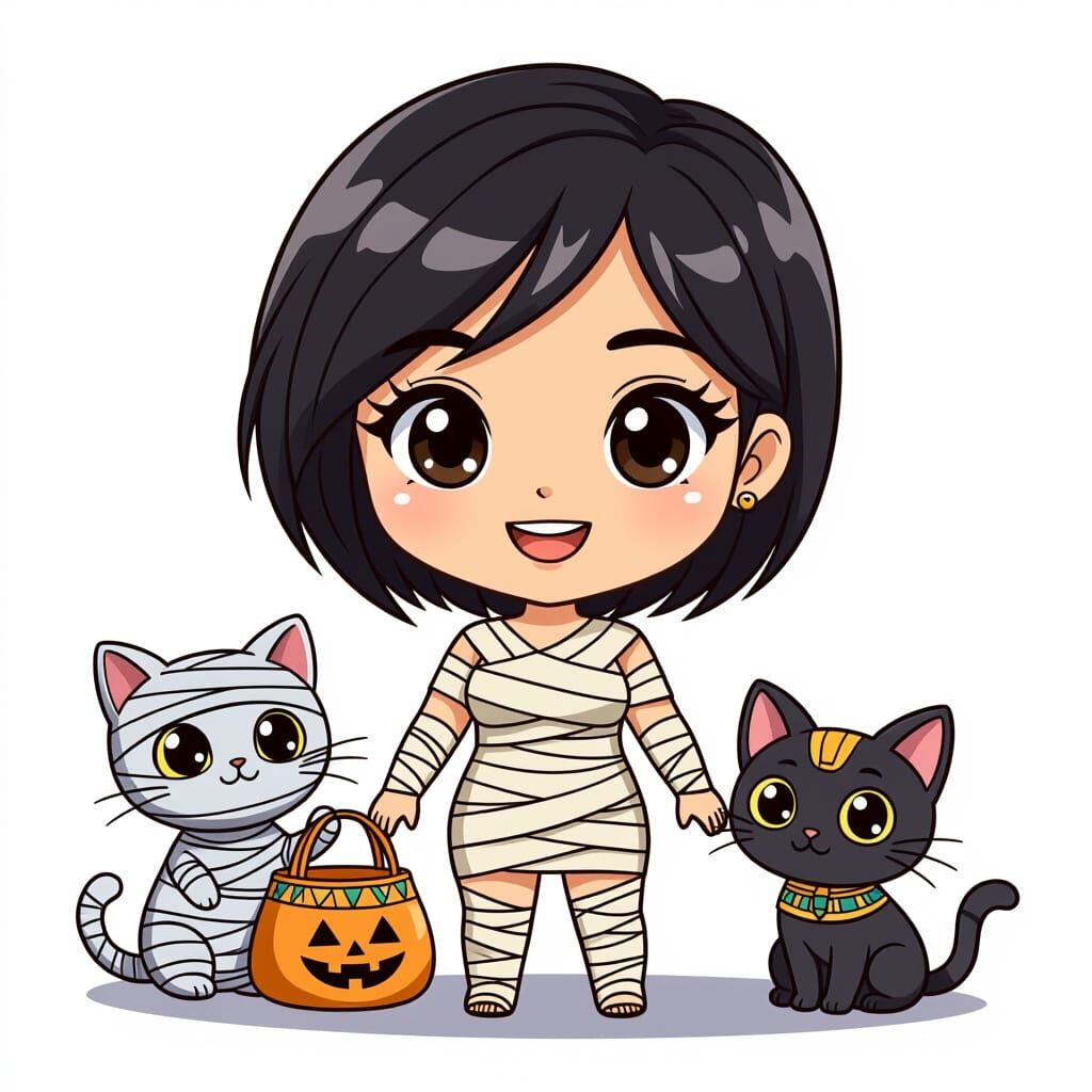 Cute Chibi Mummy and Cat Sticker Art