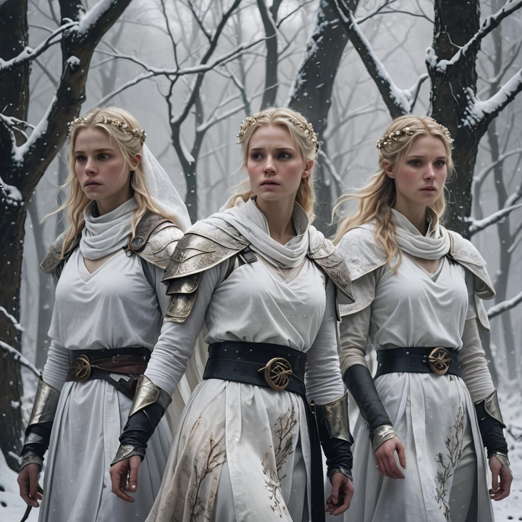 Fantasy Female Warriors in Snowy Forest