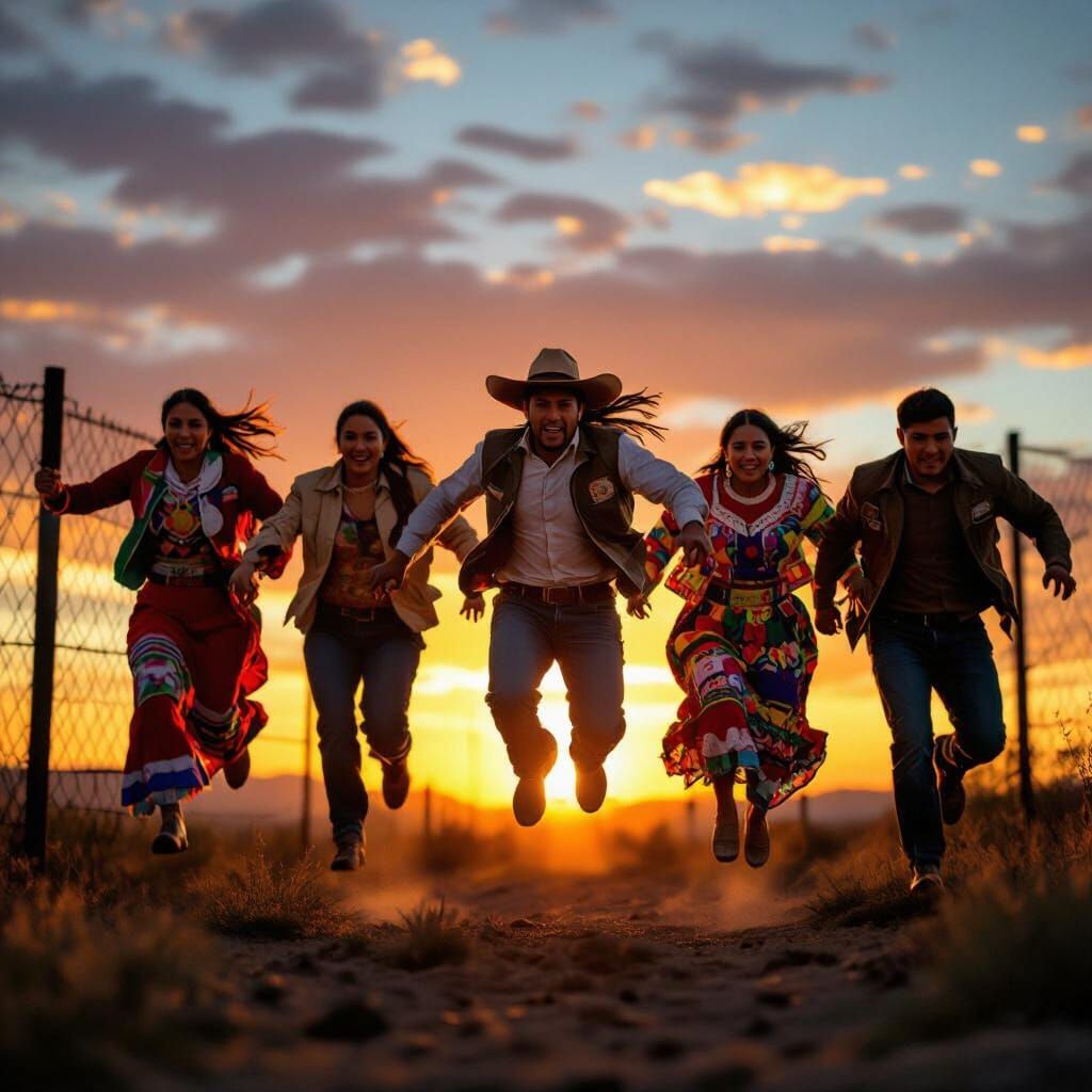 Mexicans Leap Border Fence in Traditional Attire at Sunset
