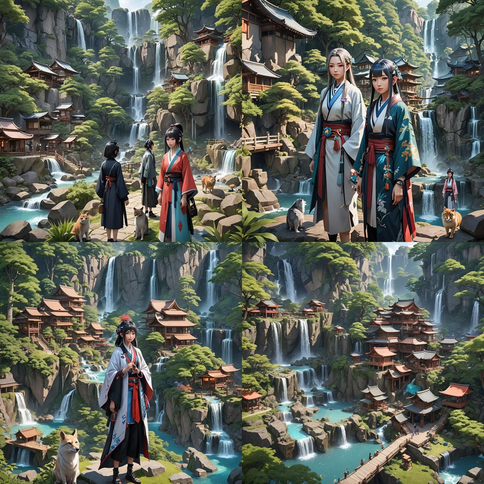 Futuristic Anime Village with Crystals and Wildlife