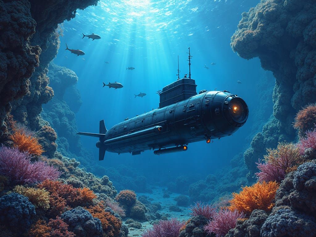 Underwater Sci-Fi Submarine Colored Pencil Illustration