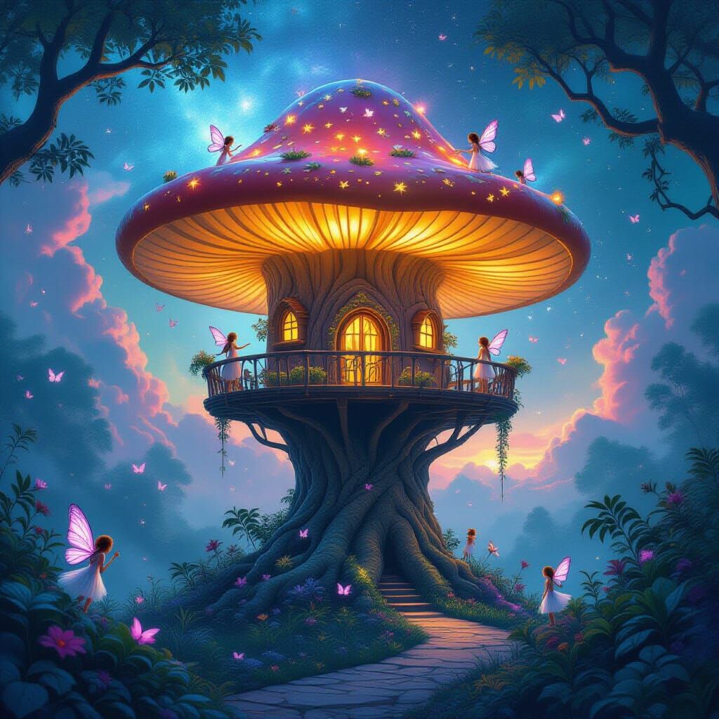 Mushroom Treehouse in Cosmic Nebula with Fairies