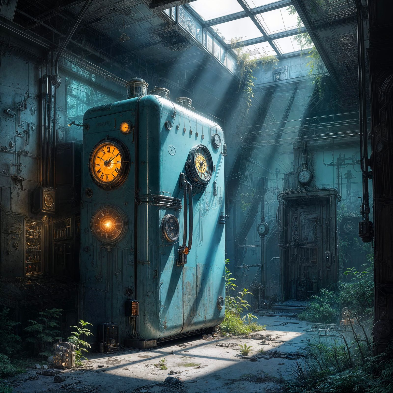 Retro-Futuristic Clockwork Refrigerator in Abandoned Alley