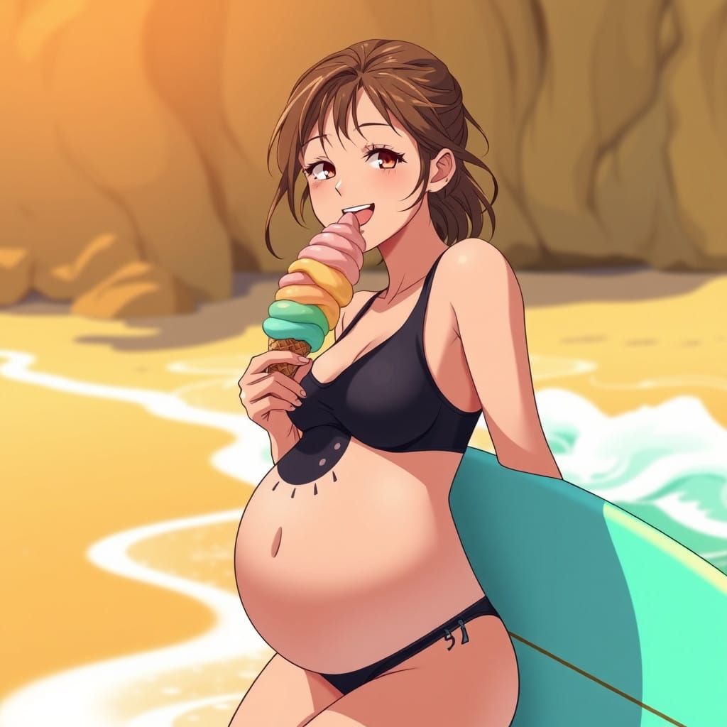 Radiant Pregnant Surfer Savoring Ice Cream on Vibrant Beach