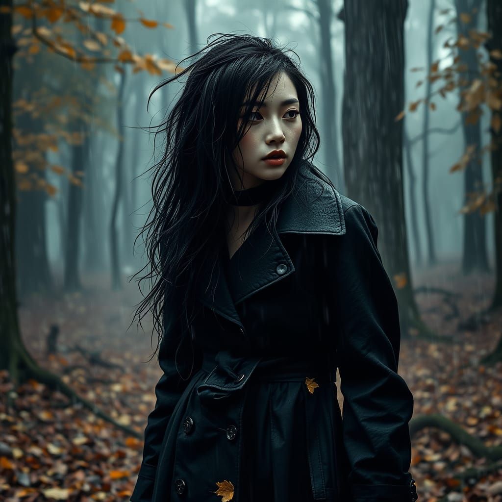 Mysterious Victorian Gothic Asian Woman in Autumn Rain