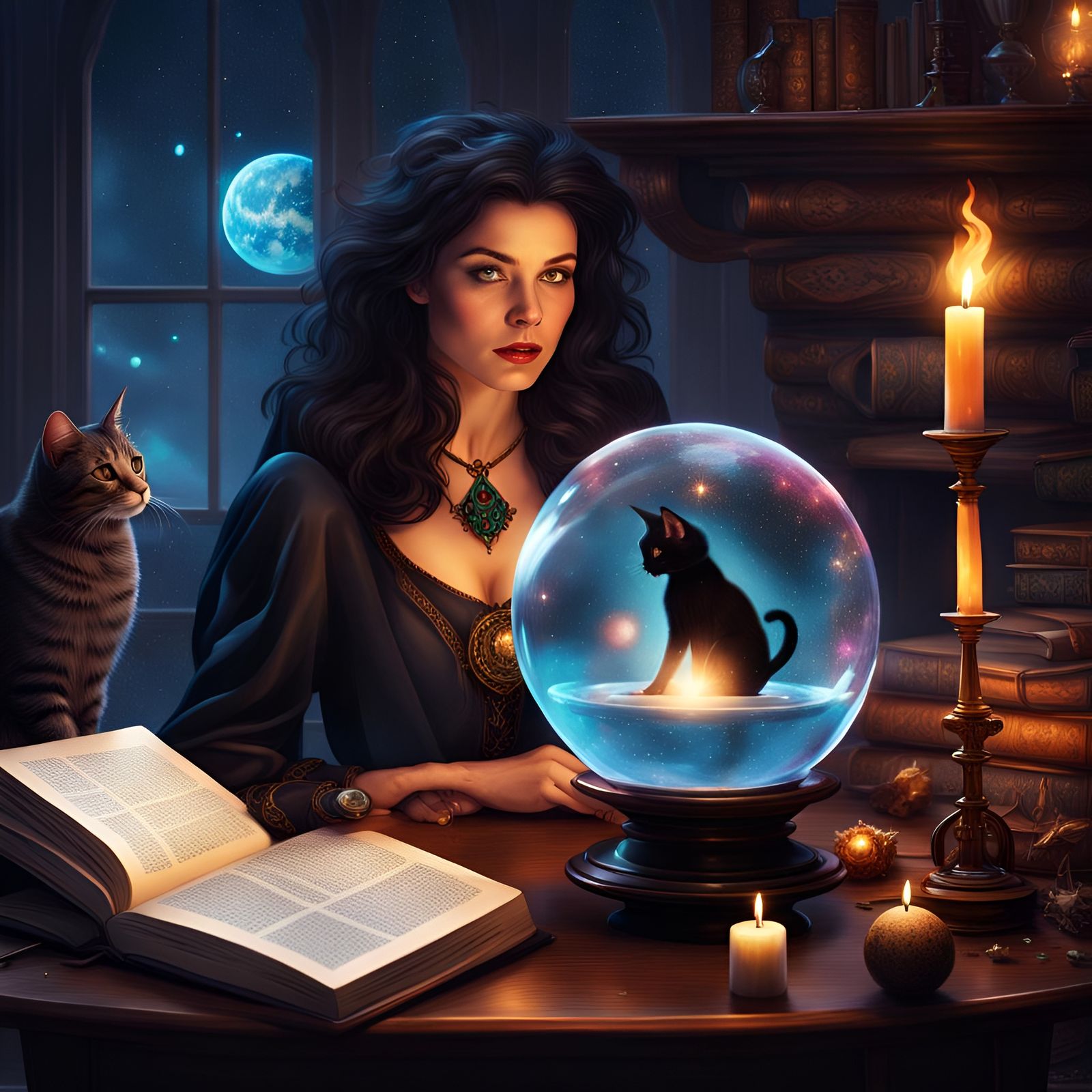 Brunette Witch Gazing into Galactic Crystal Ball