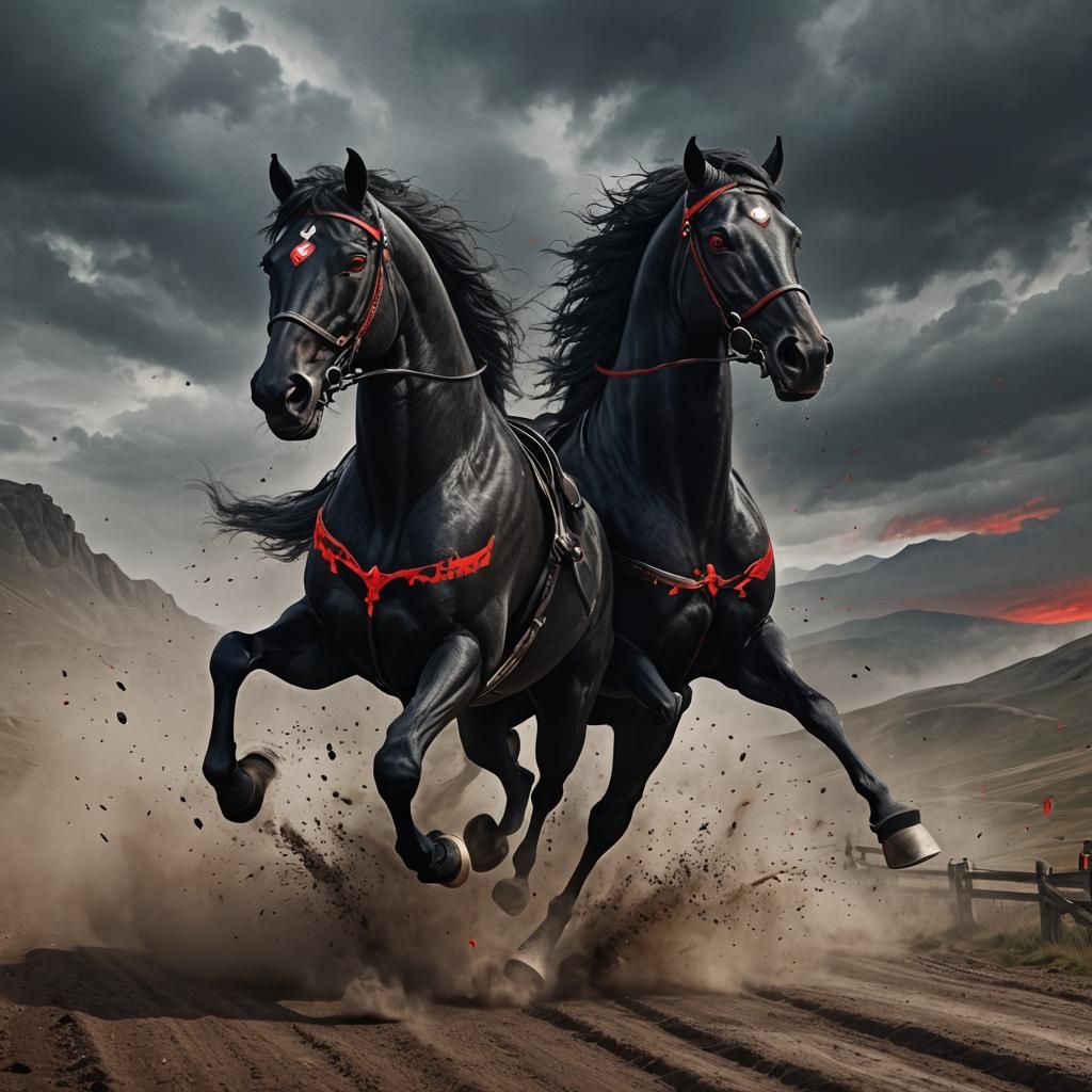 Fiery-Eyed Black Horse Runs: Detailed Matte Painting