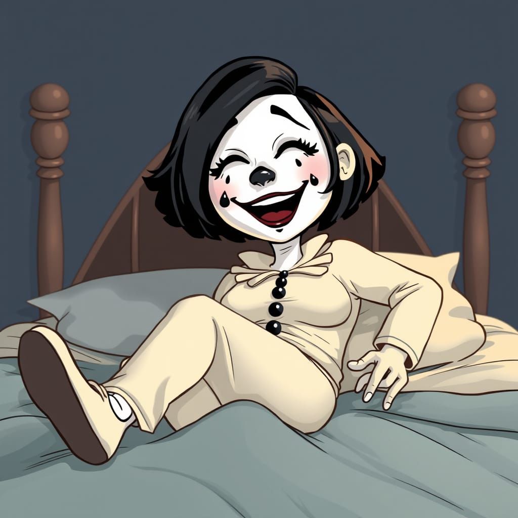 Playful White and Black Mime Lady on Her Bed