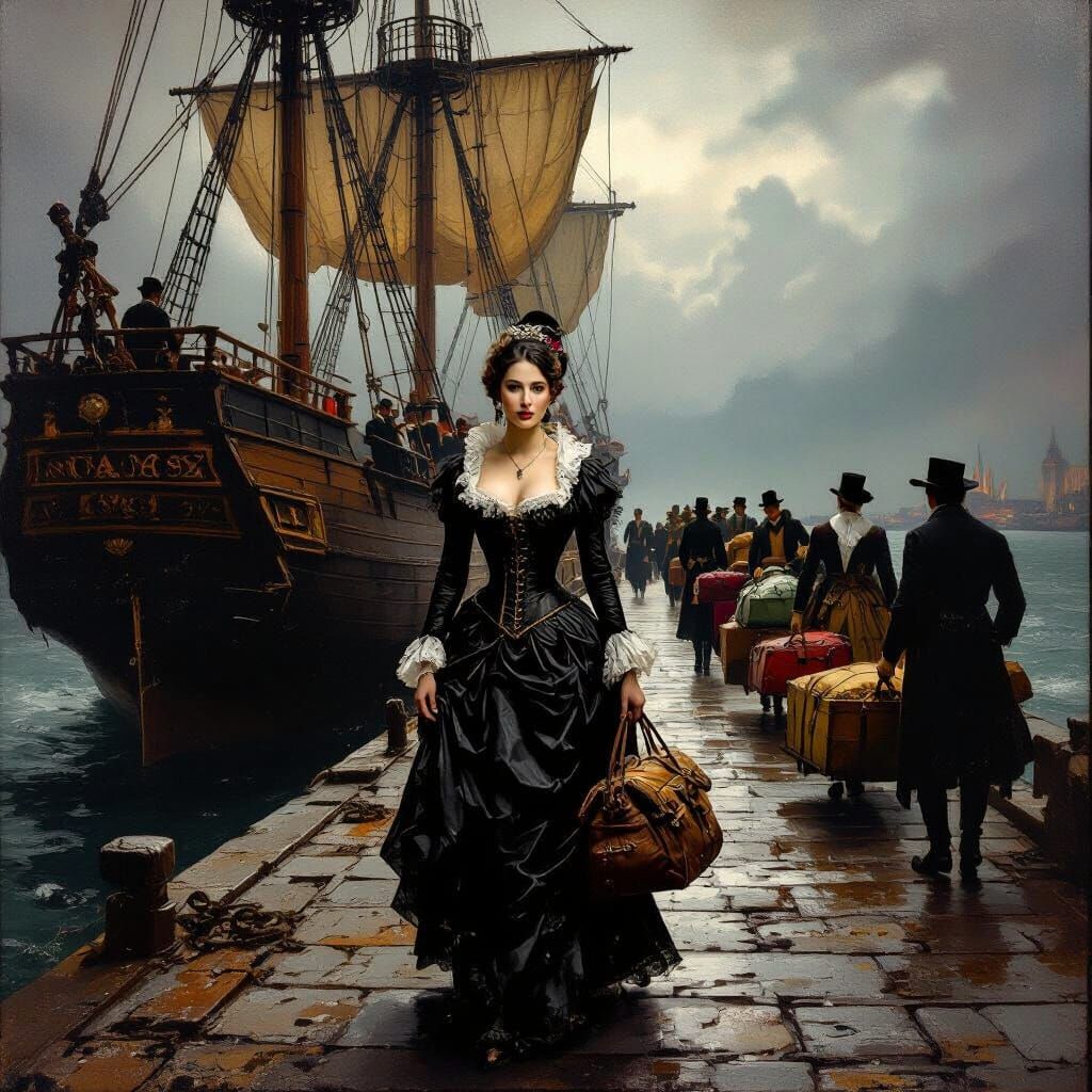 Mysterious Spanish Contessa on Wharf in Baroque Style