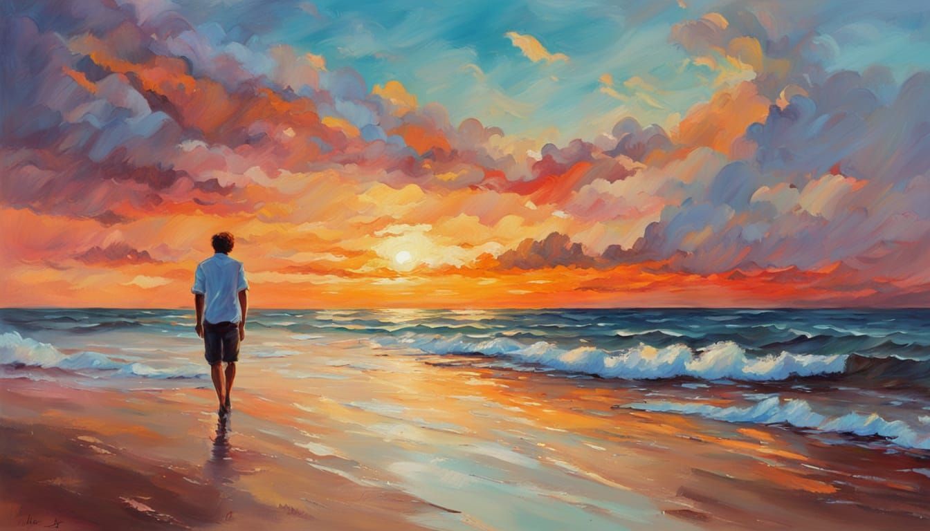 Golden Sunset Beach: Vibrant Oil Painting