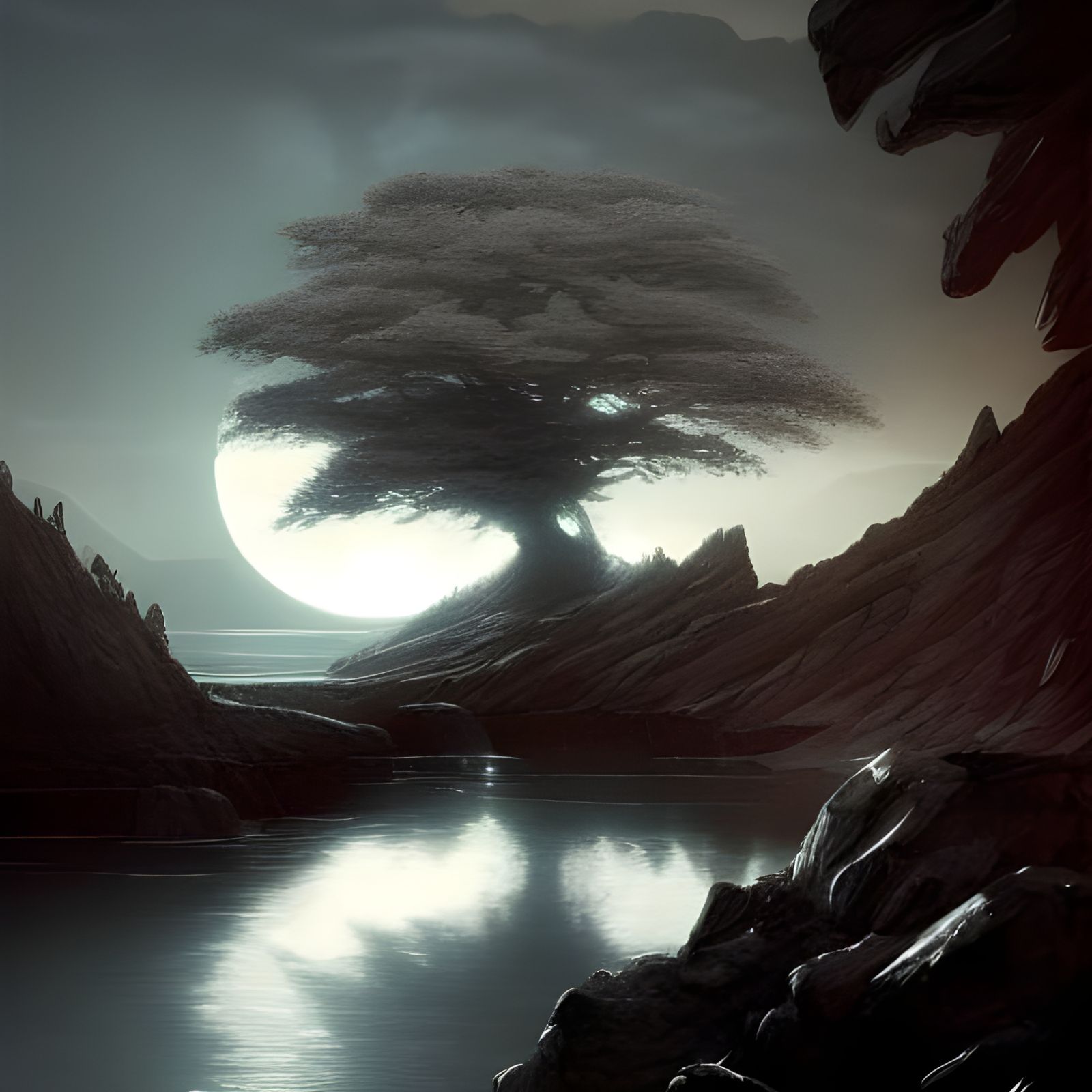 Silver Tree in Lake: Dark Fantasy Concept Art