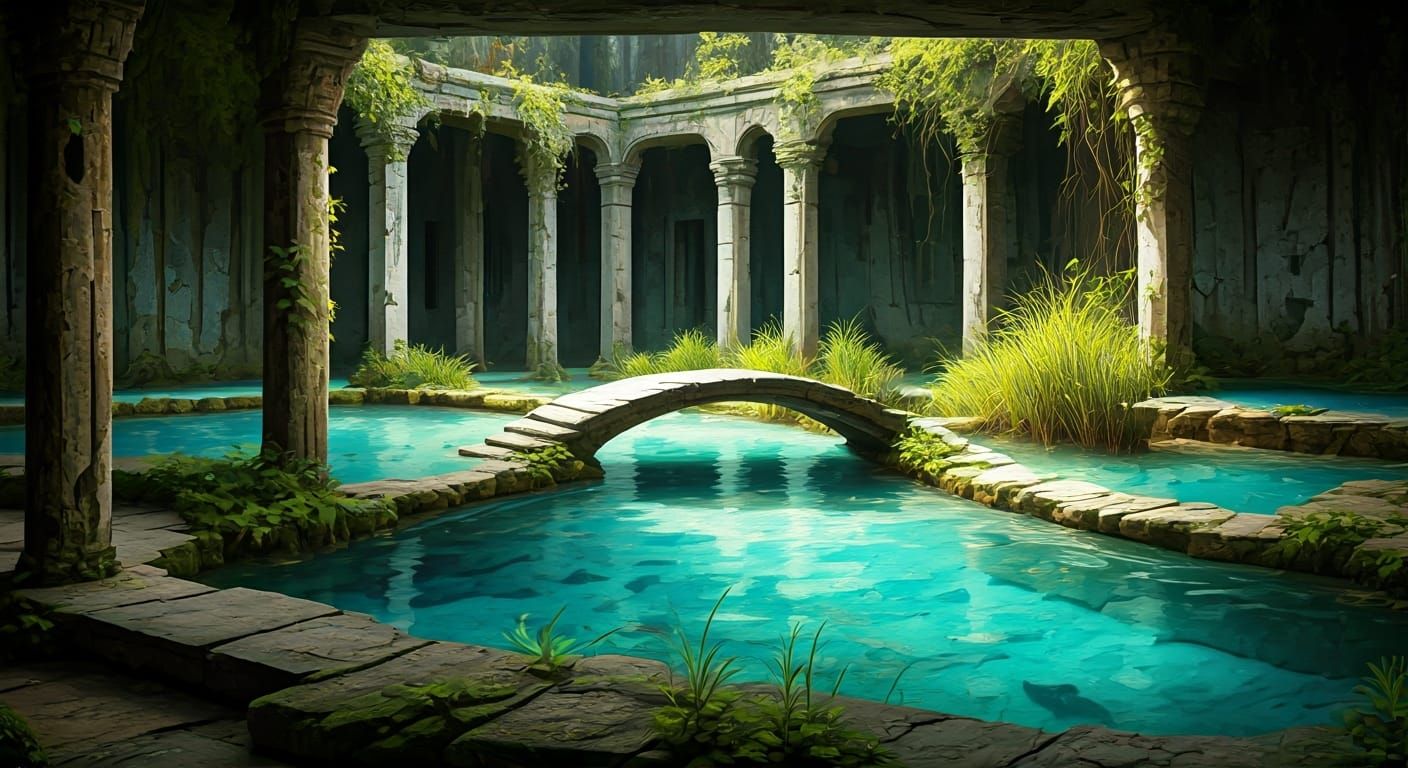 Abandoned Temple Pools in Pointillism Style