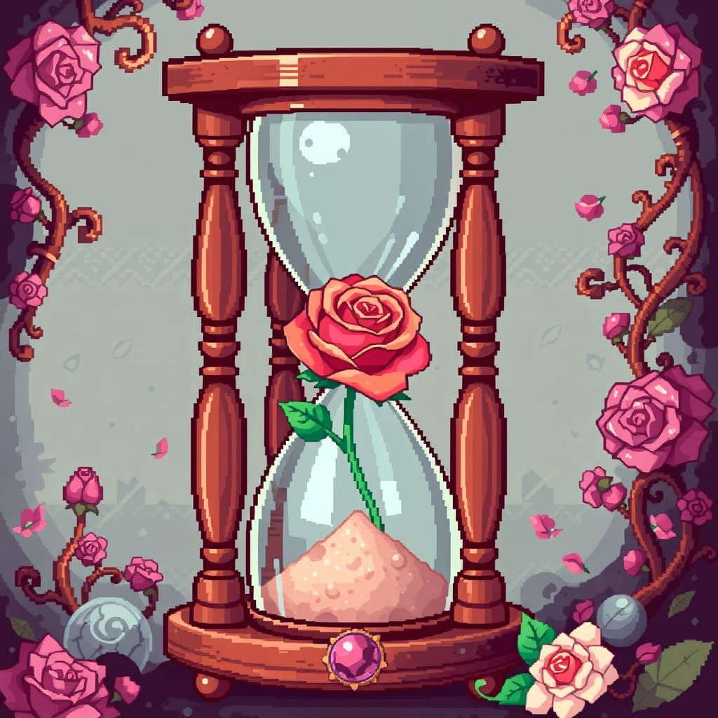 Pixel Art Hourglass with Rose in 8-bit Style