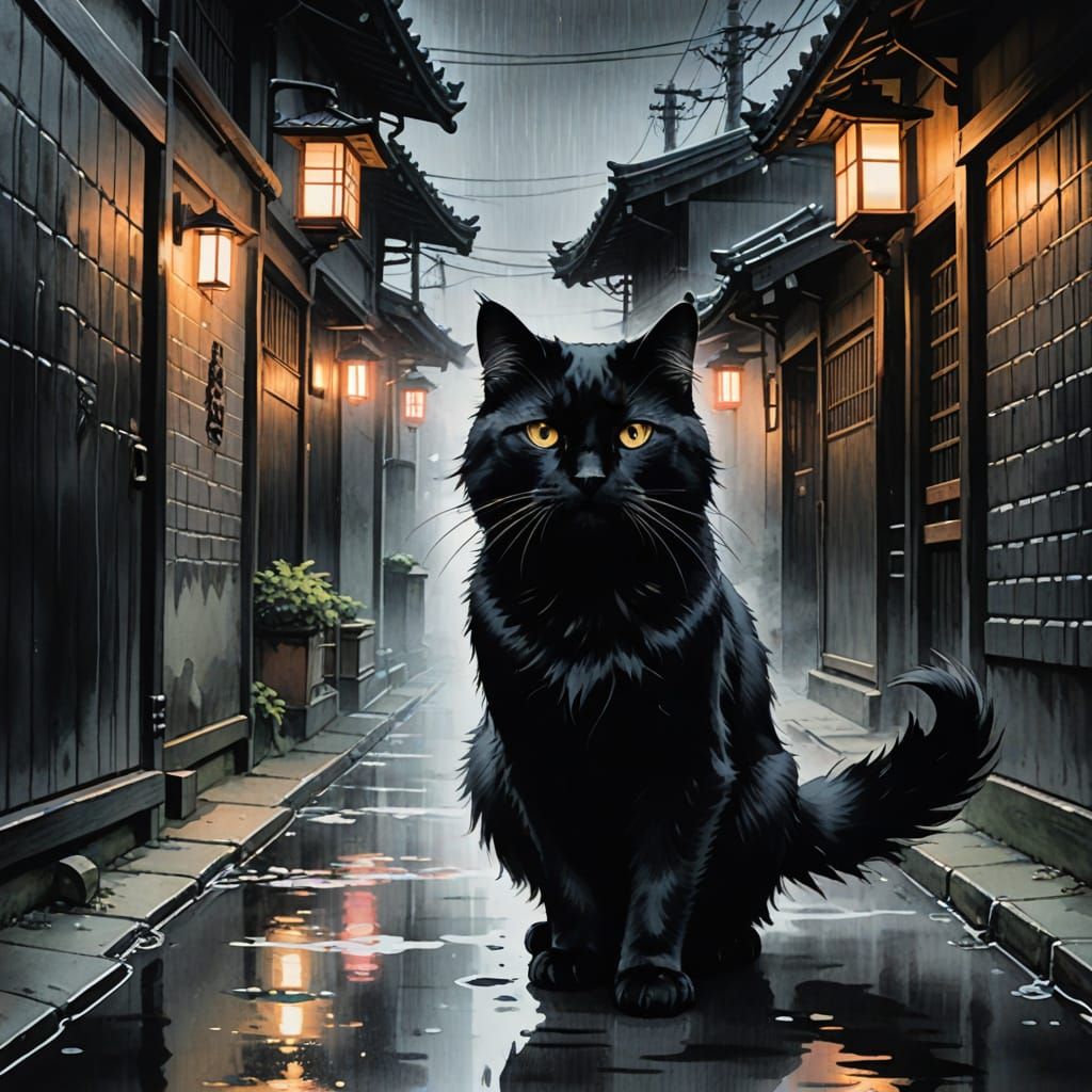 Cat Breakdancing in Misty Alley: Sumi-e Ink Wash