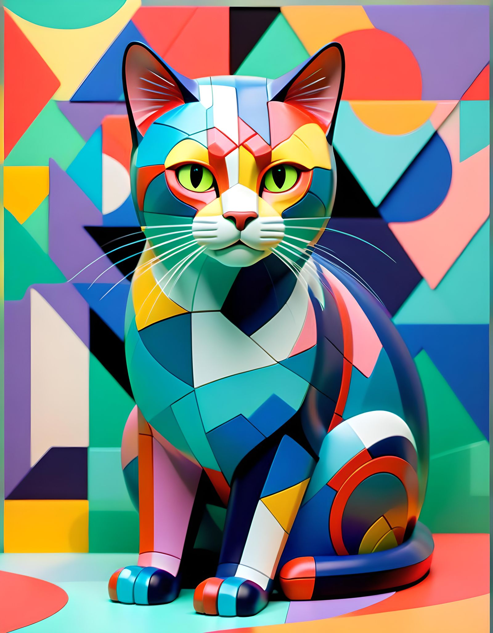 Cubist Cat Portrait in Geometric Fauvism Style