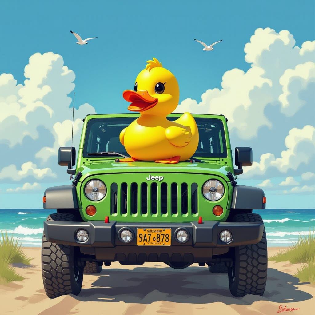 Rubber Duck on Green Jeep Wrangler: Digital Art