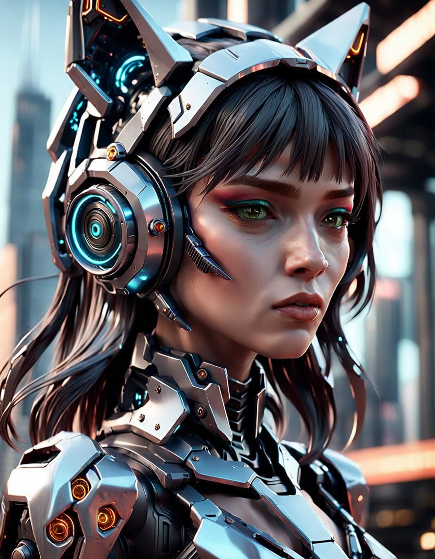 Cat-Eared Girl in Intricate Sci-Fi Mech Suit