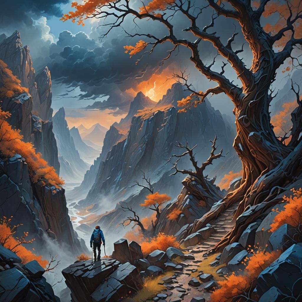 Climber on Storm-Swept Mountain Path