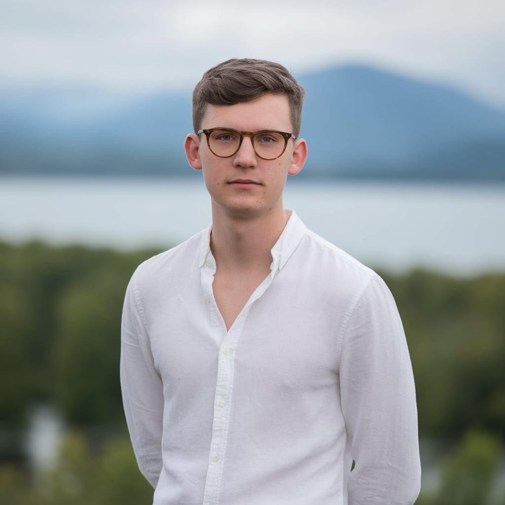 Young Man in Natural Setting, Focused Expression